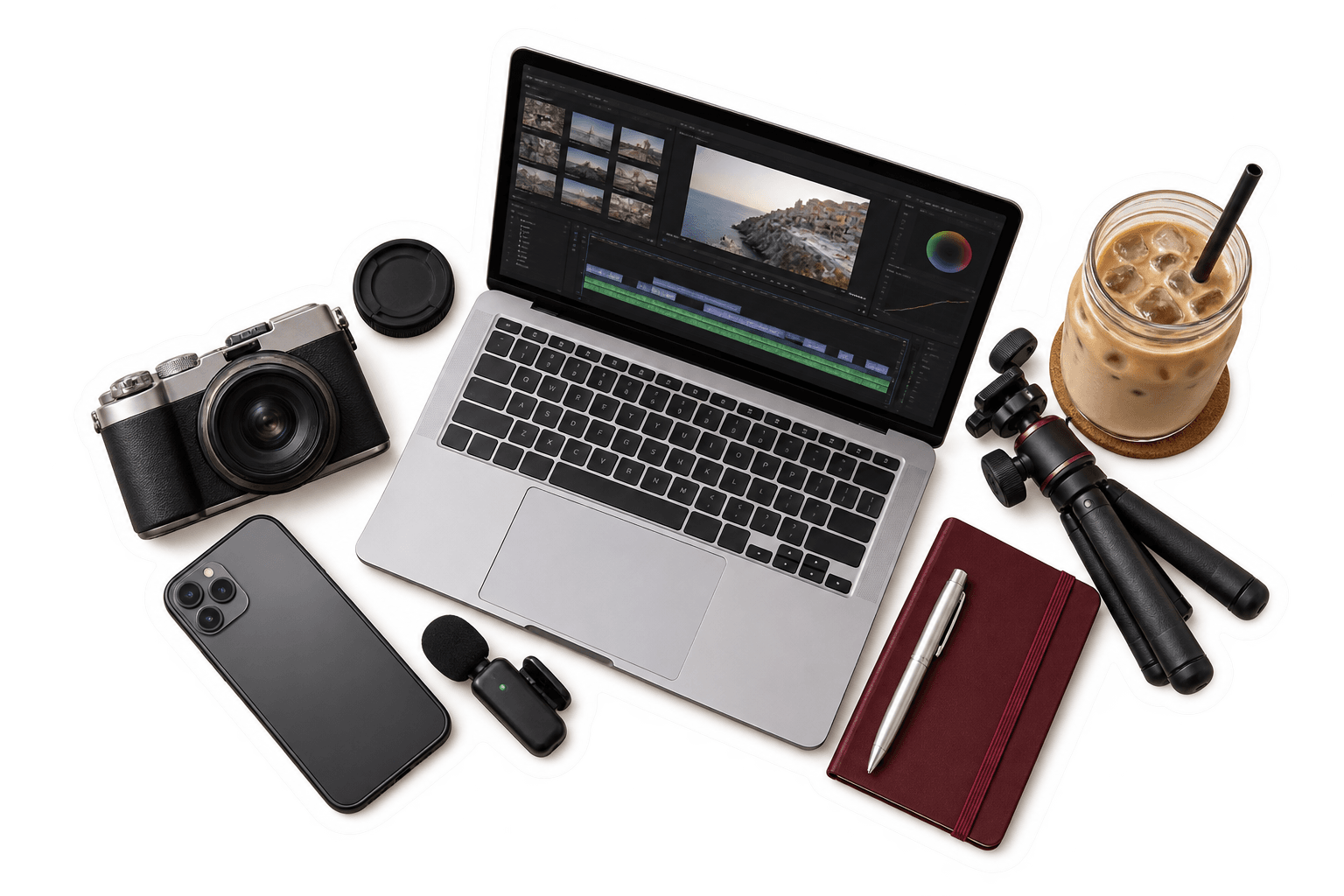 Computer, smartphone, fotocamera, microfono e cavalletto per creare contenuti UGC